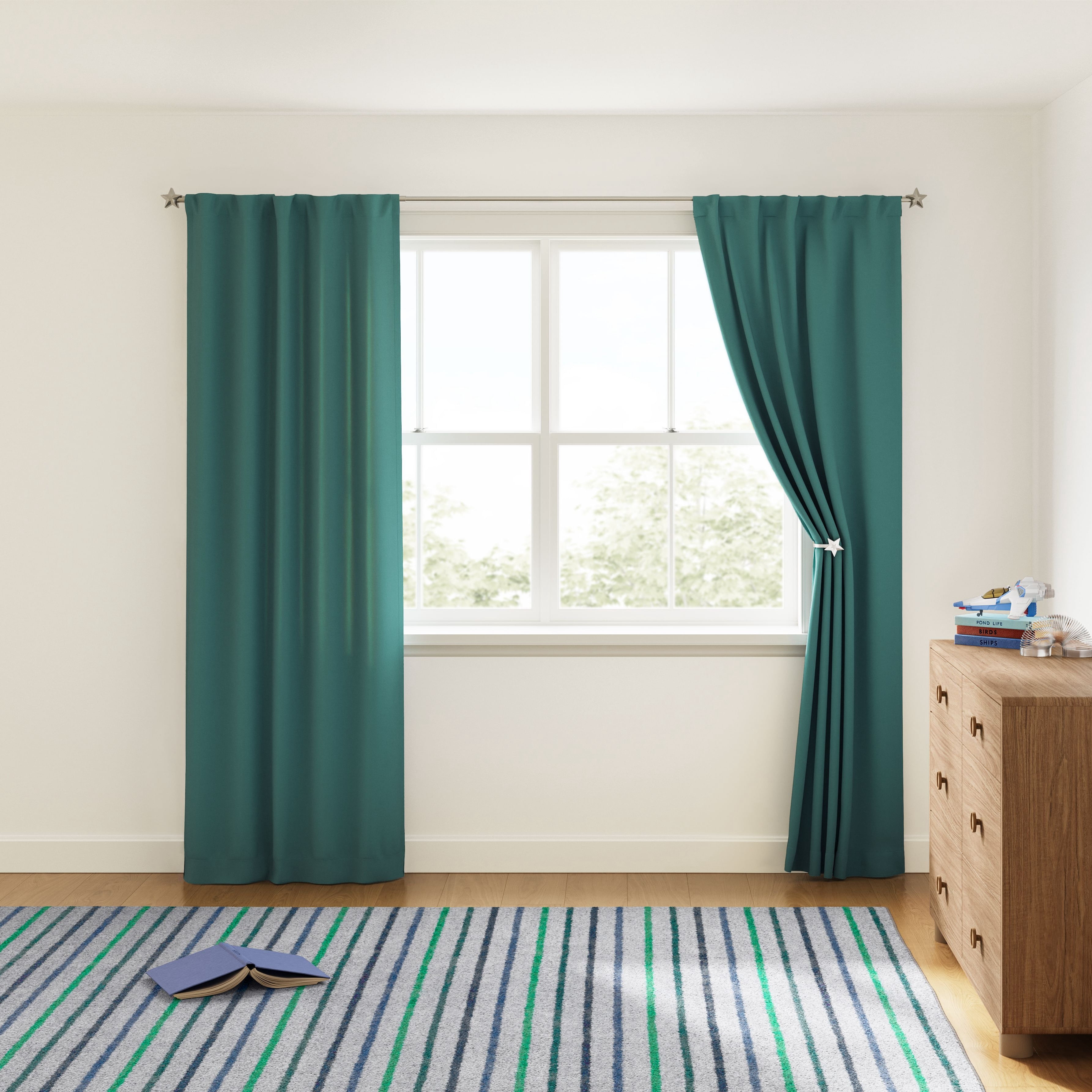 Mainstays Kids Dark Green Solid Blackout Rod Pocket with Back Tabs Curtain Panel Pair, Set of 2, 30" W x 95" L