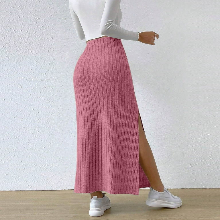 WENWU Women's High Waist Stretchy Rib Knit Split Slit Hem Midi