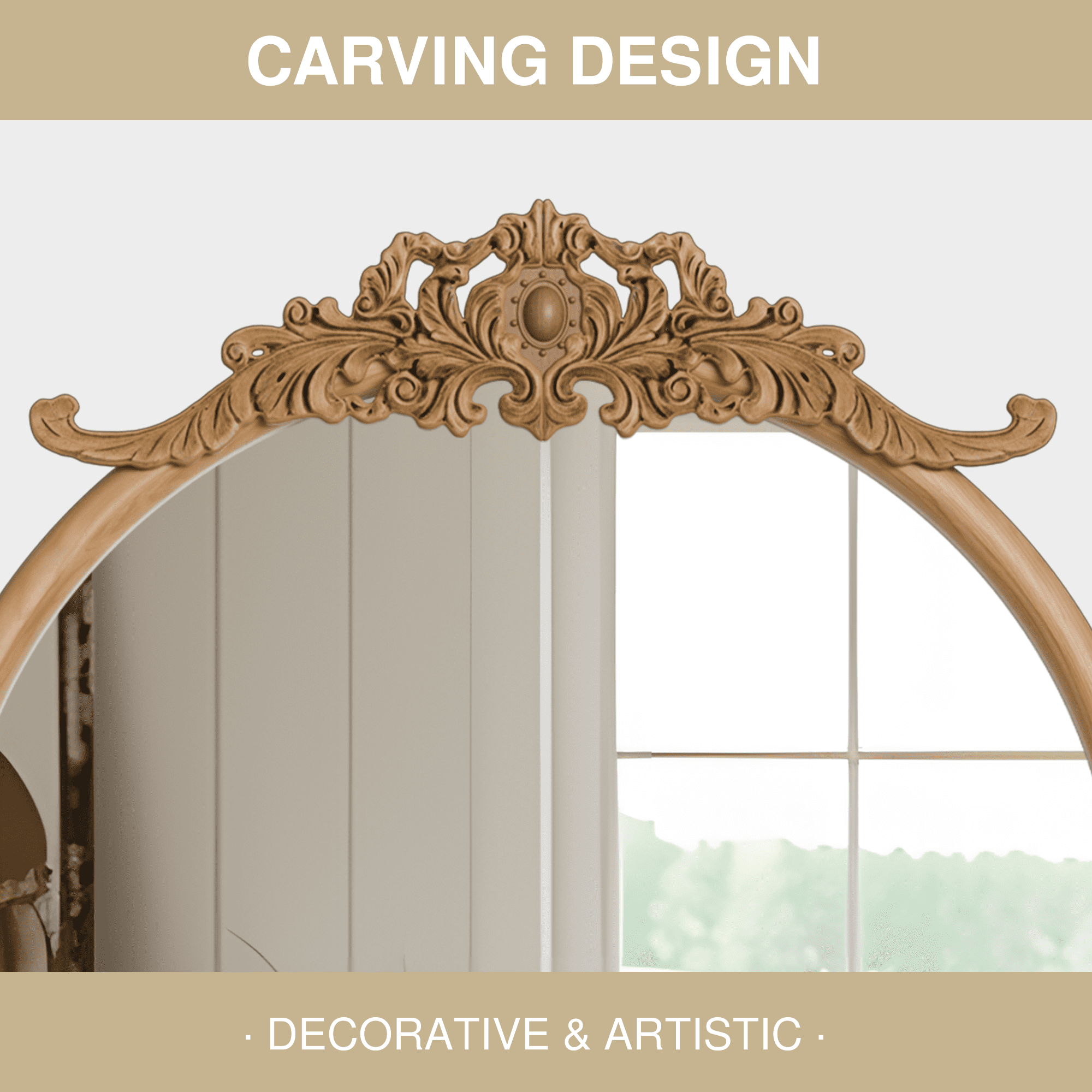 MAYEERTY 36"×24" Brown Solid Wood Arched Wall Mirror Right Angles, Carving & Rattan Weave for Living Room