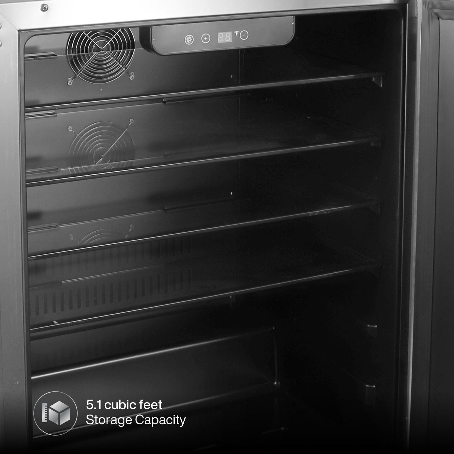 Spire 5.1 Cu Ft Built-In Refrigerator, Stainless Steel, Temp Control, 4 Shelves, Reversible Door, Indoor/Outdoor Use, Model 850-0009