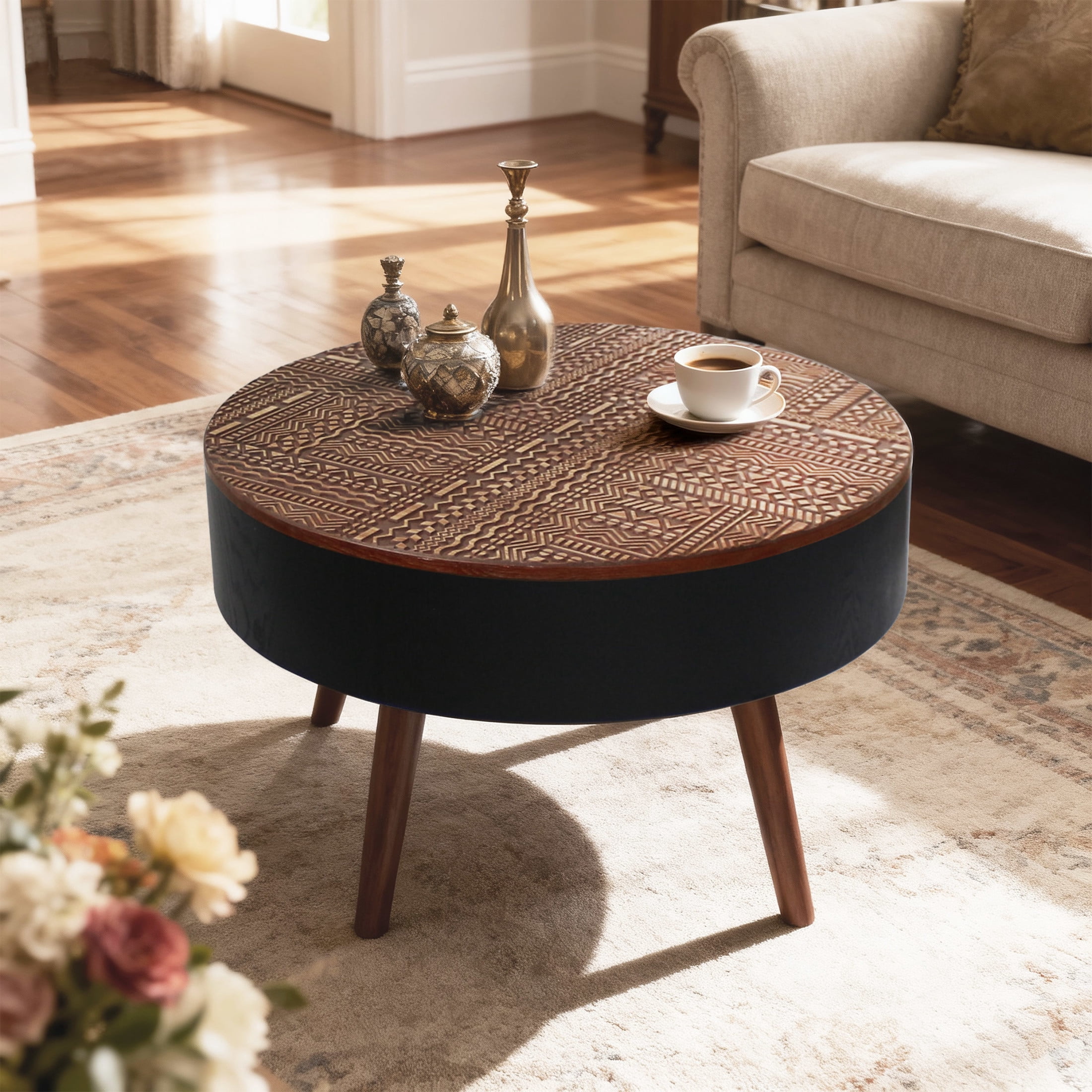 Noble House Tappen 31.5" Round Coffee Table with Engraved Top, American Wood Side Table for Small Spaces, Black