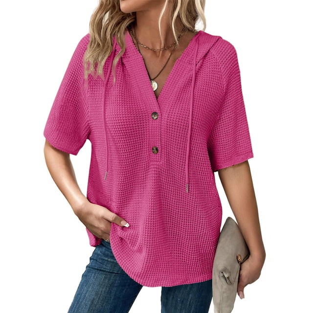 Top Dokotoo para mujer, cuello en V, cuello en V, manga corta, color rosa L