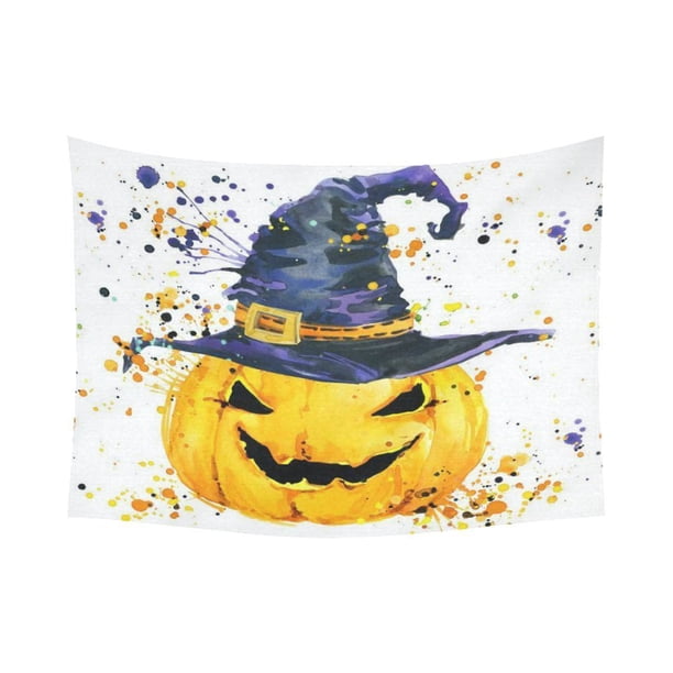 ABPHQTO Splatter Wizard HatPumpkin Face Happy Halloween Tapiz Colgante de pared Acuarela Doodle Decoración de pared Arte para sala de estar Dormitorio Dormitorio Algodón Lino Decoración 150x200 cm ABPHQTO QB-Interest148-80x60