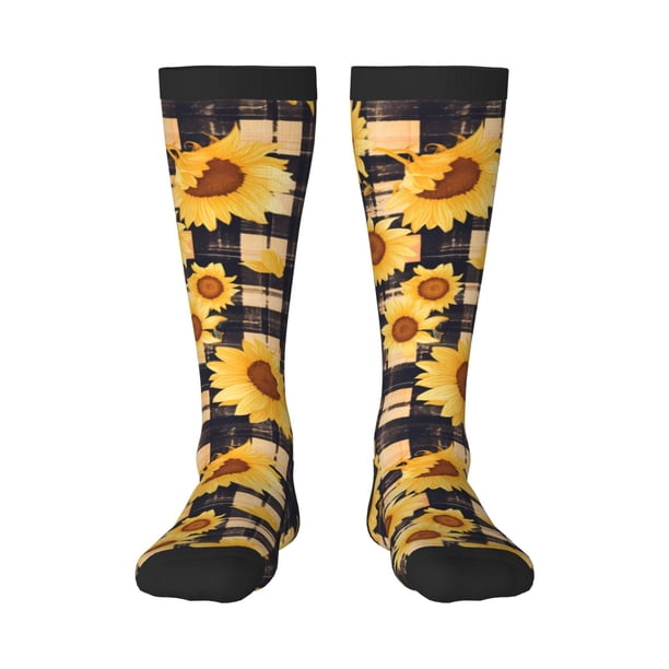 Fotbe Vintage Black White Plaid Sunflowe Calcetas Divertidas Estampadas para Hombre y Mujer, Calcetas de Algodón hasta la Rodilla para Caminar, Correr, Enfermería y Embarazo
