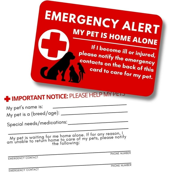 Pet Emergency Card My Dog or Cat is at Home Alone  5 pk 2 x 3.5 Plastic Wallet Size ICE Contact Vet if Something Happens to You Keychain
