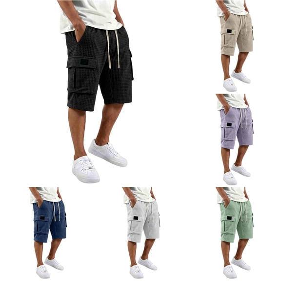 XDZJLR Big And Tall Men Cargo Shorts Summer Casual Solid Waffle Knit Shorts Lightweight Breathable Shorts With Pockets And Drawstring Hiking Shorts Black S