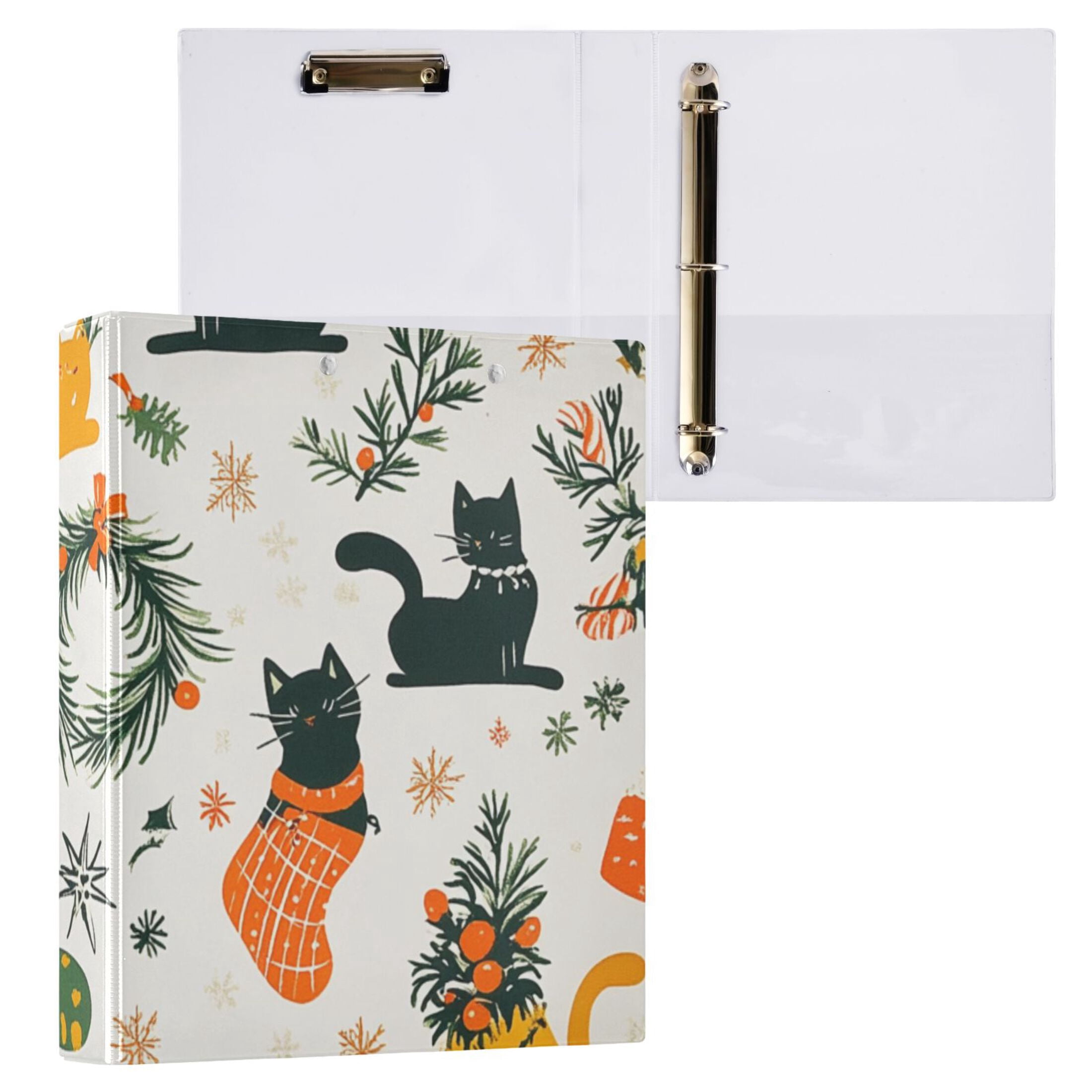Christmas Cats and Leaves 3 Ring Binders 1.5 inch Hardcover File Folders with Interior Pockets A4 Size Organizer for School Office Hospital