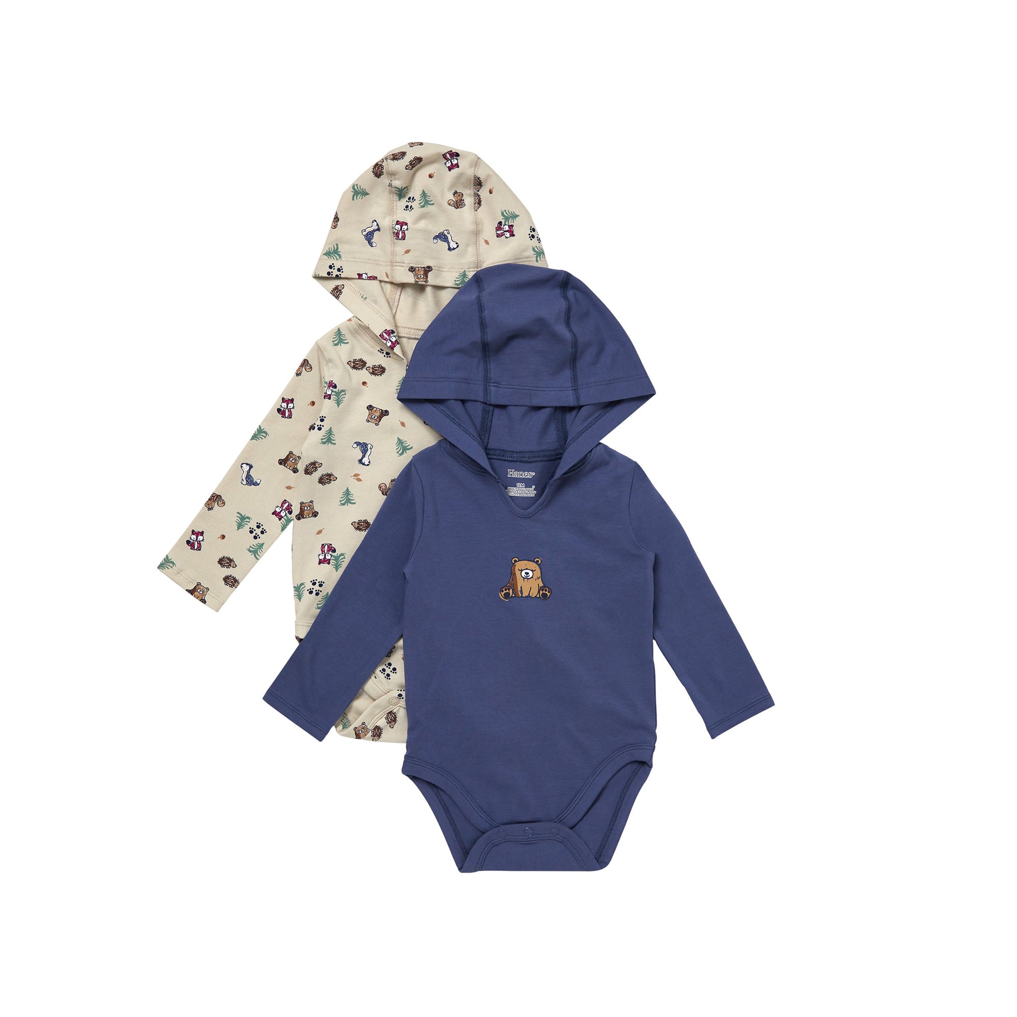Hanes Pure Comfort Baby Long Sleeve Hooded Bodysuits, Organic Cotton, Boys & Girls, 2-Pack Blue/Green Assortment 3MTH
