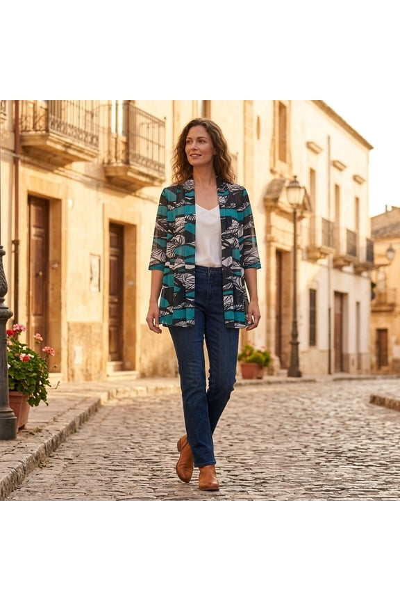 Women's Lightweight Chiffon Cardigan Jacket, Abstract Print Open Front Mid-Length Kimono Cover up