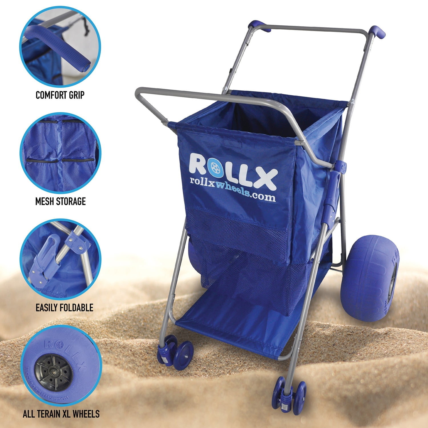 Rollx Big Balloon Wheel Foldable Beach Cart Storage Wagon for Sand, with 13-In. Beach Tires, Blue, RLX1-1107