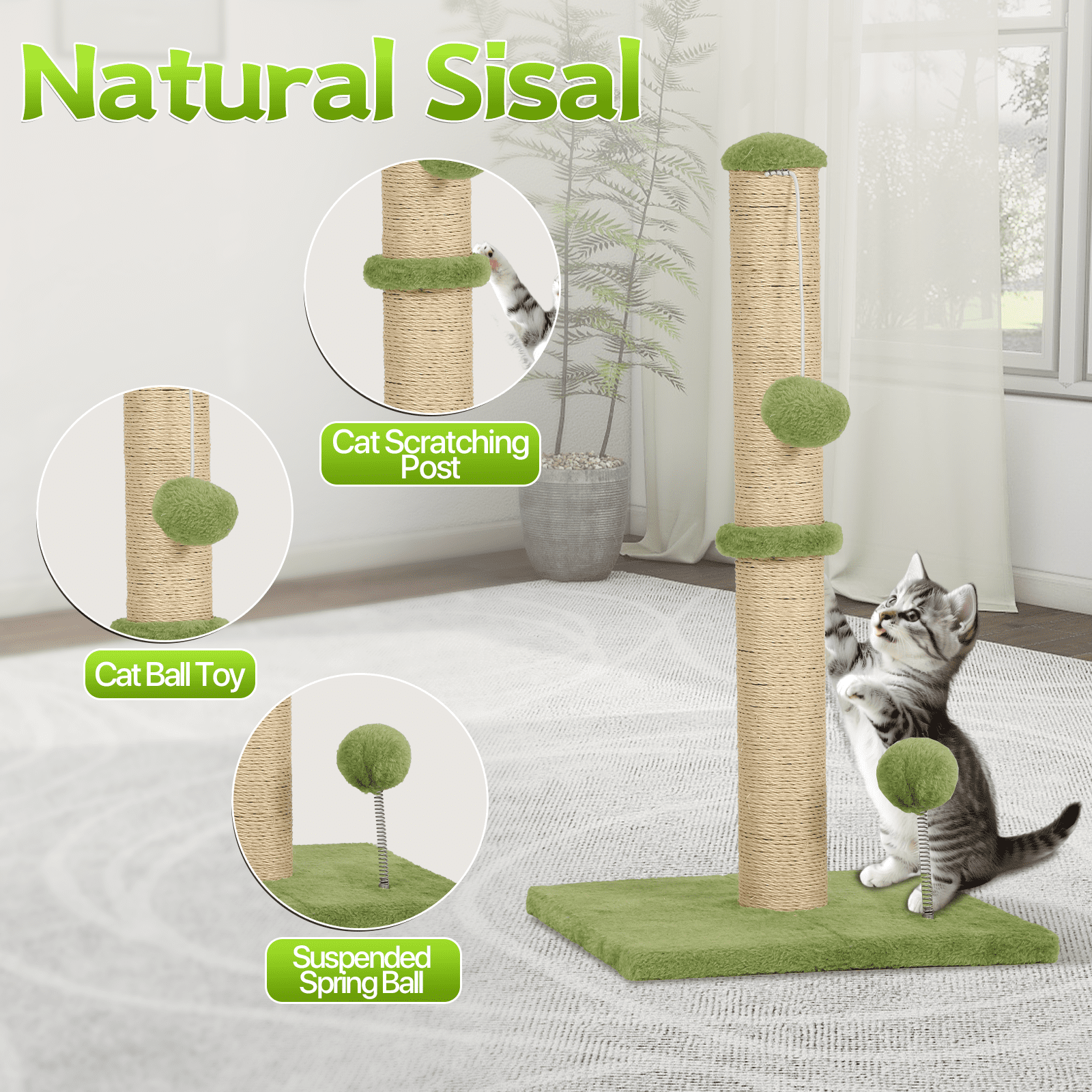 Dkelincs Cat Scratching Post with Sisal & Spring Ball Toy 22" Tall Cat Scratcher for Indoor Cats/Kittens Natural Sisal Scratch Post Trees for Living Room Bedroom, Green