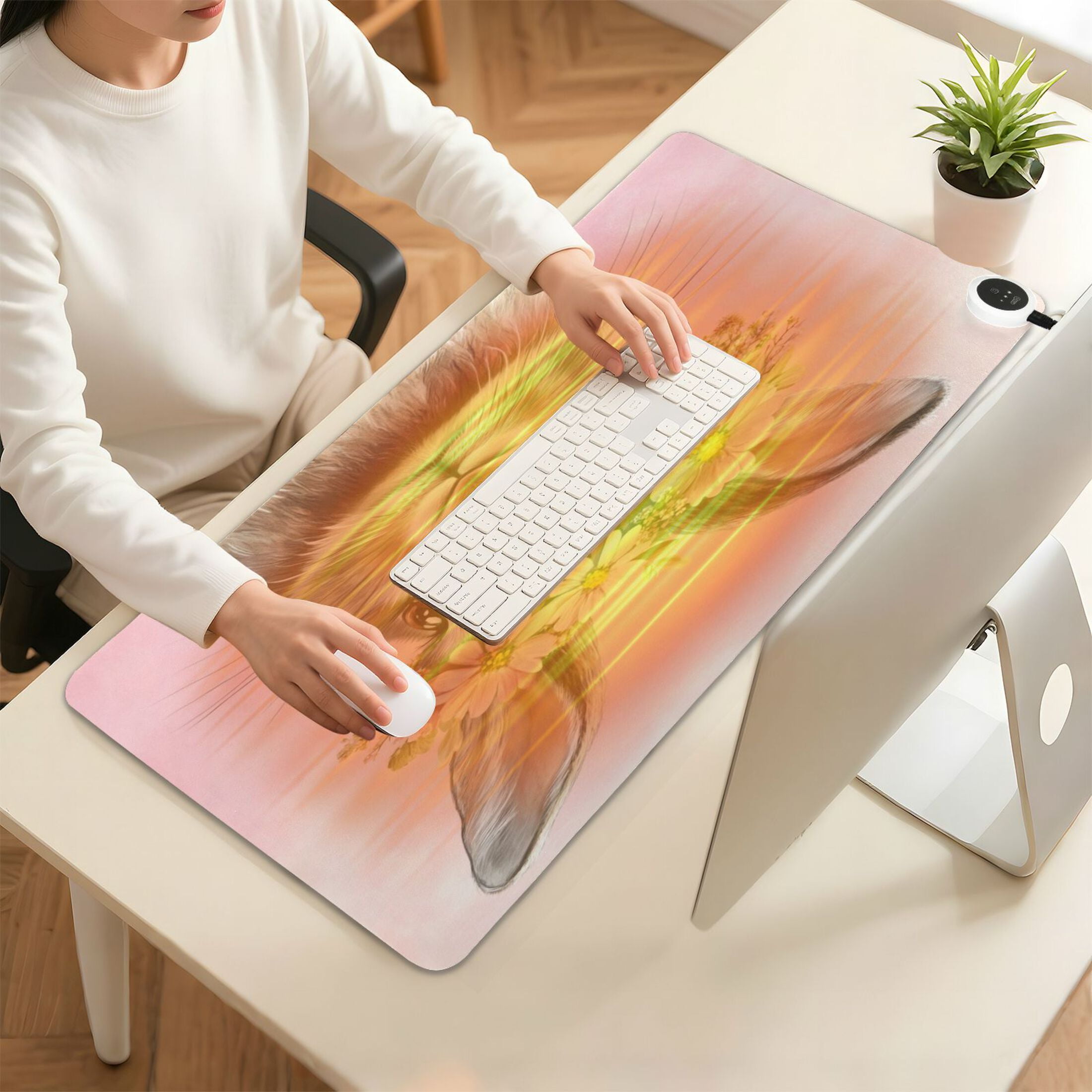 Wobogo Pink Wreath Bunny Heated Mouse Pad Extra-Large Desk Mat With 3 Heating Levels and 3-hour Auto Shut-Off Protection Ideal for Computer Keyboards Home Office Hand-warming Essential 31.5in × 13in