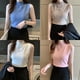 thumbnail image 2 of Camiseta corta sin mangas de punto ajustada con cuello alto y media tortuga de color liso para mujer, 2 of 4