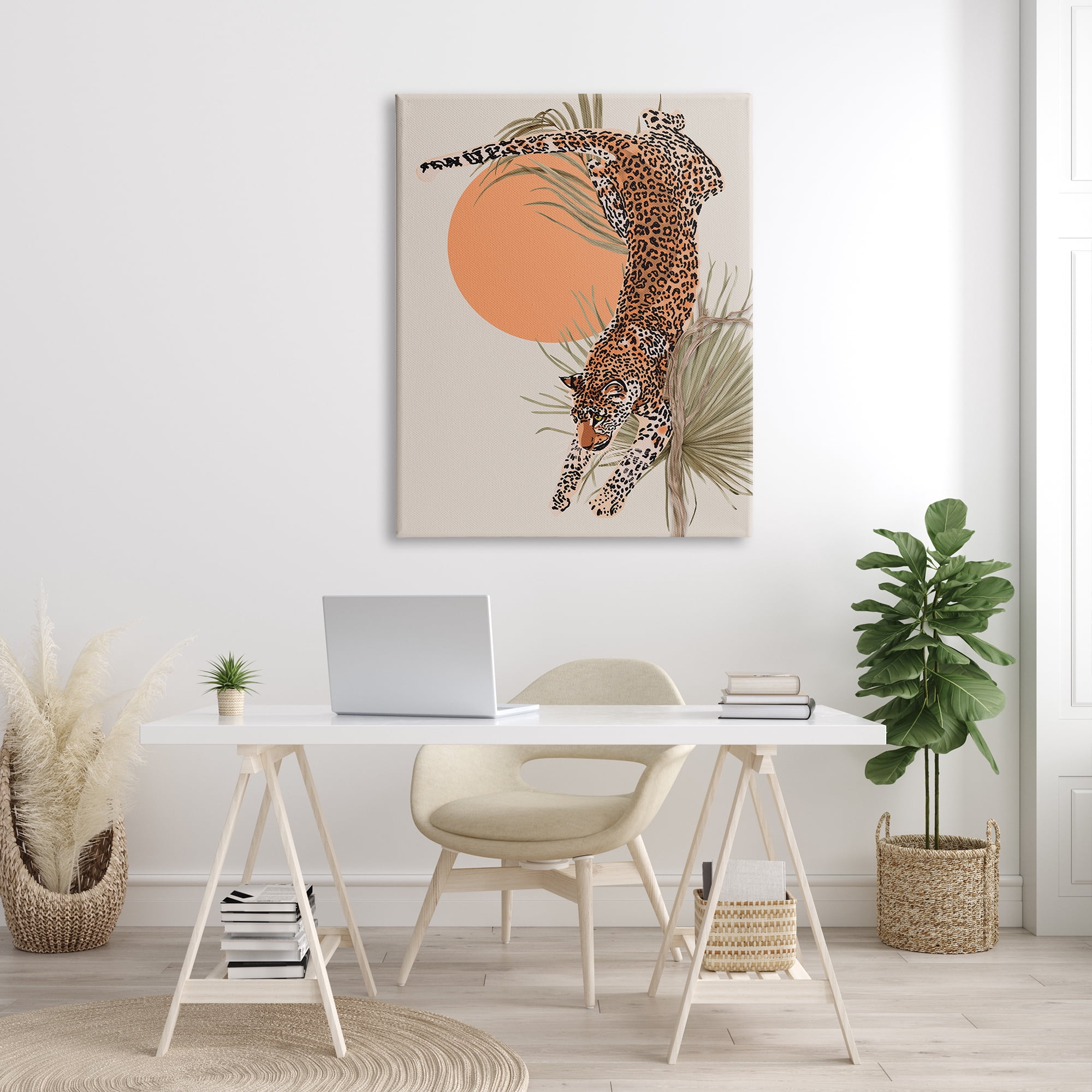 Stupell Industries Jungle Cat Leopard Pounce Orange Sun Palm Leaf, 36 x 48, Designed by Ros Ruseva