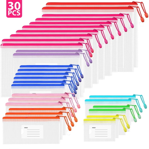 BrilhoGlee 30 Pcs Mesh Zipper Pouch Bags with Label Pocket, 8 Sizes Plastic Zipper Pouches for Organizing, Waterproof Document Bags for Board Game Storage, Travel, Office Supplies