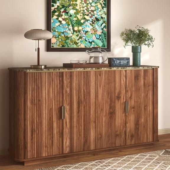 HIUU 60" Walnut Sideboard Buffet Cabinet with Adjustable Shelves,Fluted Buffet Cabinet with Curved Faux Marble Top,Wood Sideboard Cabinets with Dark Gold Accent Trim for Dinning Room,Kitchen