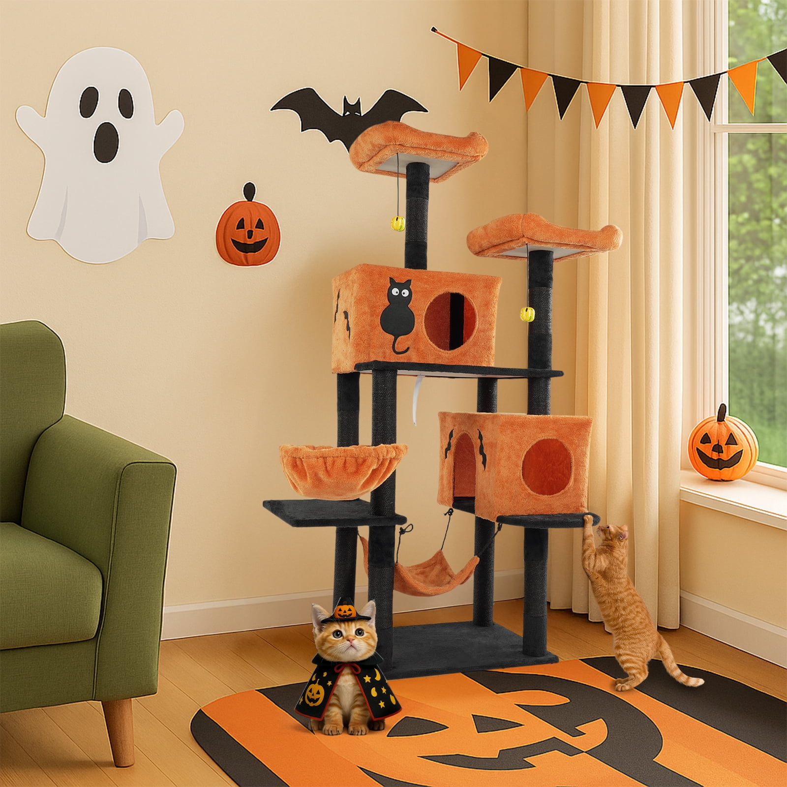 VINGLI Halloween Cat Toy & Scratch Post, Halloween-Themed Cat Climbing Tree with Cat Condo, Spooky Cat Tower in Multiple Sizes