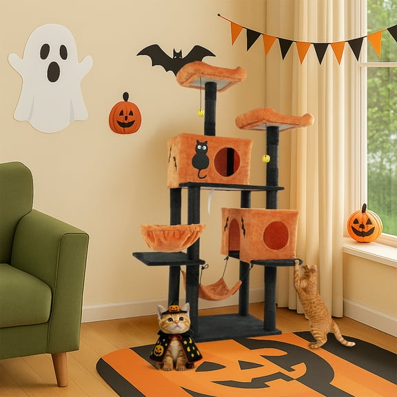 Zimtown 61" Halloween Cat Tree for Large Cats, Multi-Level Tower with Condos & Multiple Activities
