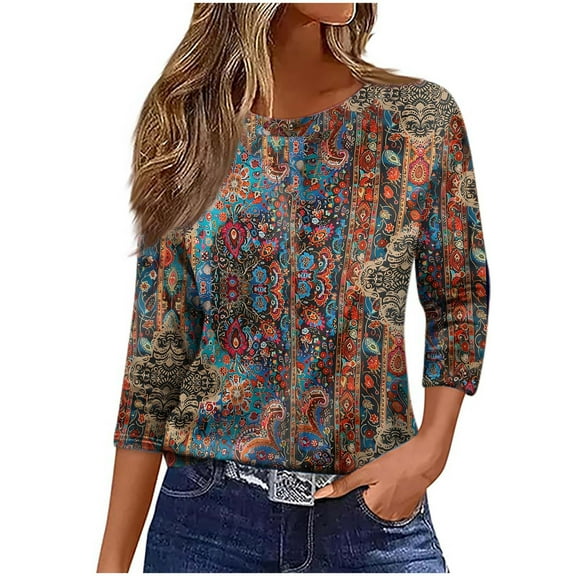 Ruimatai Women's Casual 3/4 Sleeve T-Shirt Fashion Round Neck Printed Blouse Soft Comfortable Daily Wear Party Work Vacation