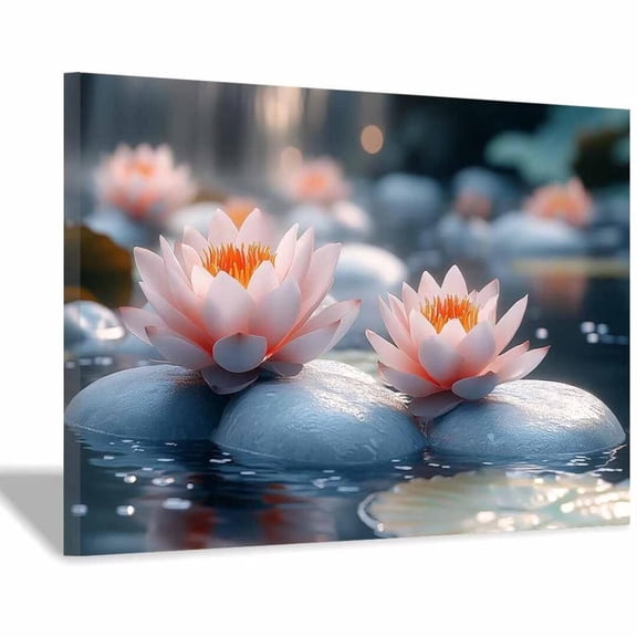Mudket Framed Canvas Wall Art Soft Pink Lotus Flower Stone Pond Prints Wall Decor Calming Botanical Canvas Print Ready to Hang for Bedroom Bathroom Office Relax Wall Pictures - 12"L x 8"W
