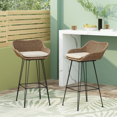 29.25" Wicker Counter Height Bar Stools Set of 2, Modern Rattan Bar Chairs with Metal Frame and Cane Back Cushion ,Living Room/Dining Room/Kitchen