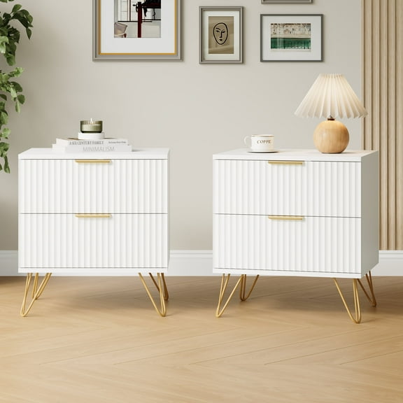 YouTrend Set of 2 Nightstand with 2 Drawers,Fluted Wood Adult Bedside Tables End Table for Bedroom Living Room,White