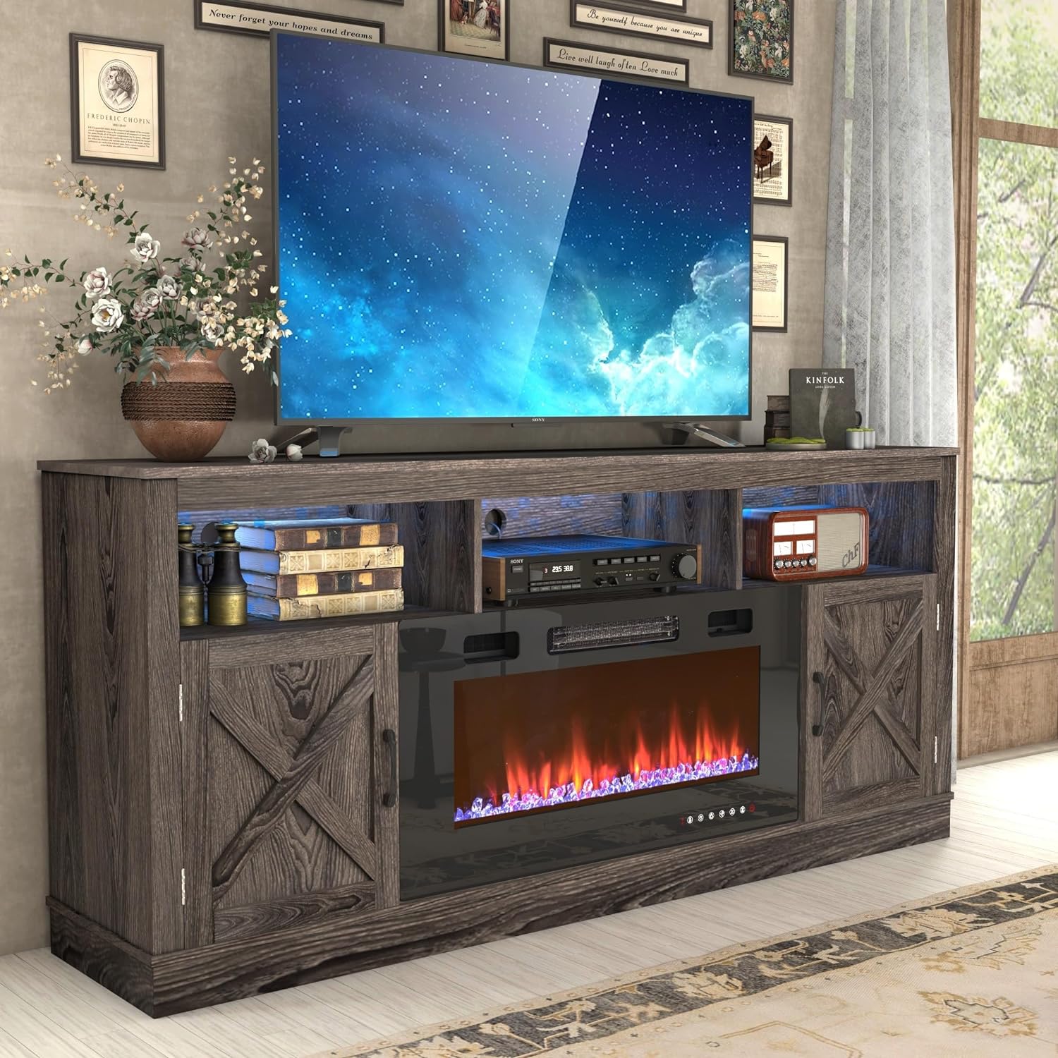 Chvans Fireplace TV Stand for 80" TV, Farmhouse