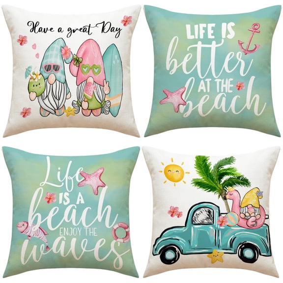 PRIYAL Life is A Beach Gnome Spring Throw Pillow Covers 18x18 Inches Home Decor Set of 4 Pillow Cases Decorative for Bed Sofa Cushion Couch Outdoor