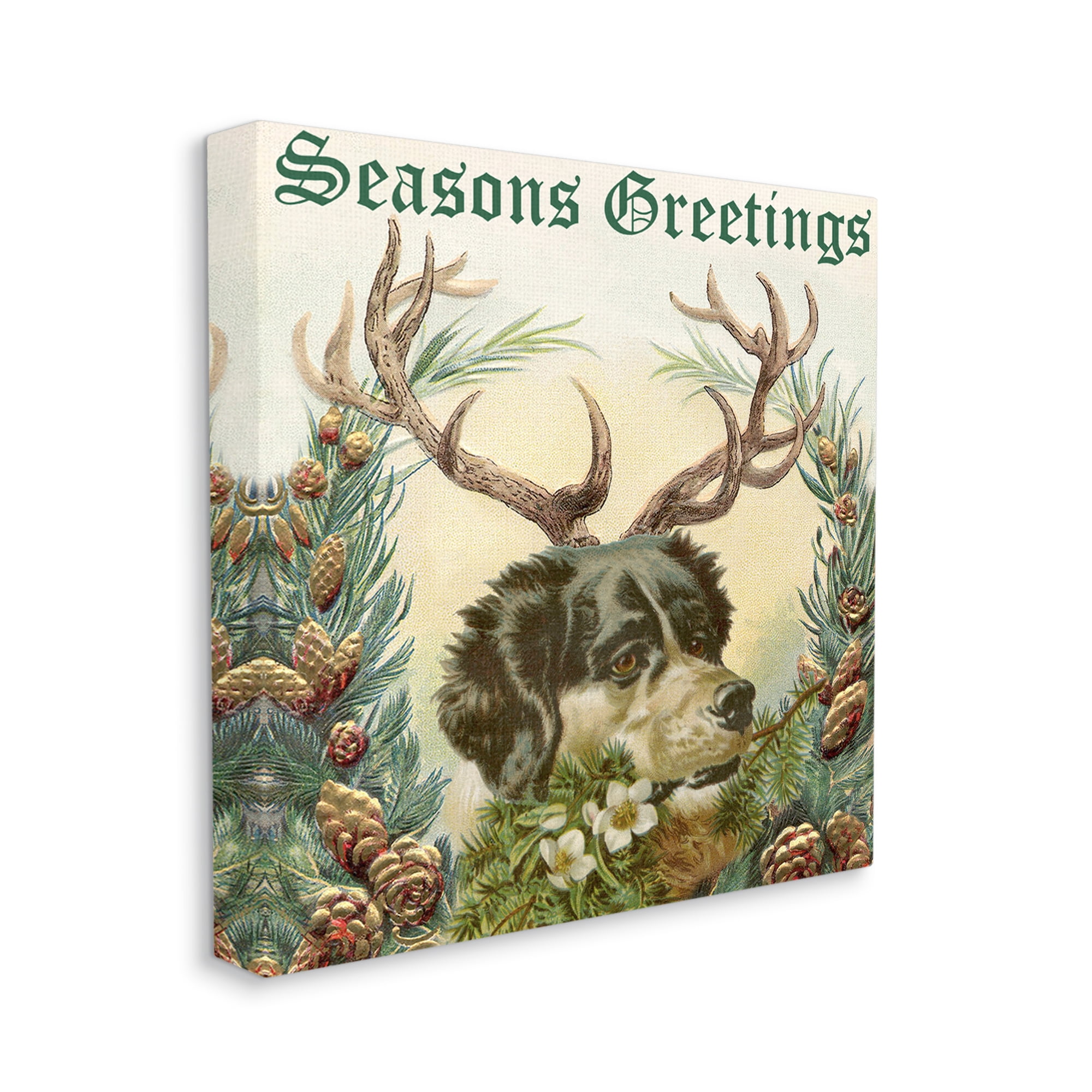 Stupell Industries Seasons Greetings Dog Wearing Antlers Botanical Border Graphic Art Gallery Wrapped Canvas Print Wall Art, Design by Alicia Longley