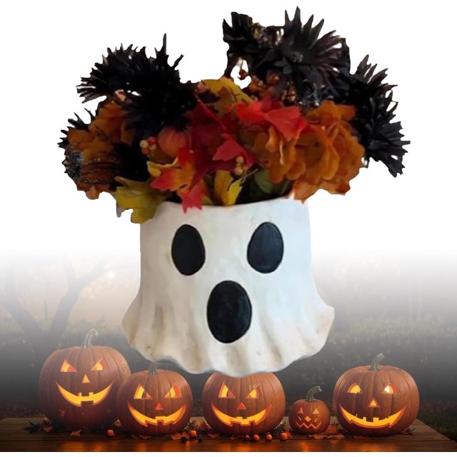 Cubo de fantasmas de Halloween, jarrón de fantasmas, decoración de cubo de fantasmas, mini cubo de dulces de fantasmas aterradores, maceta de fantasmas para interior, exterior, oficina en casa (sin fl
