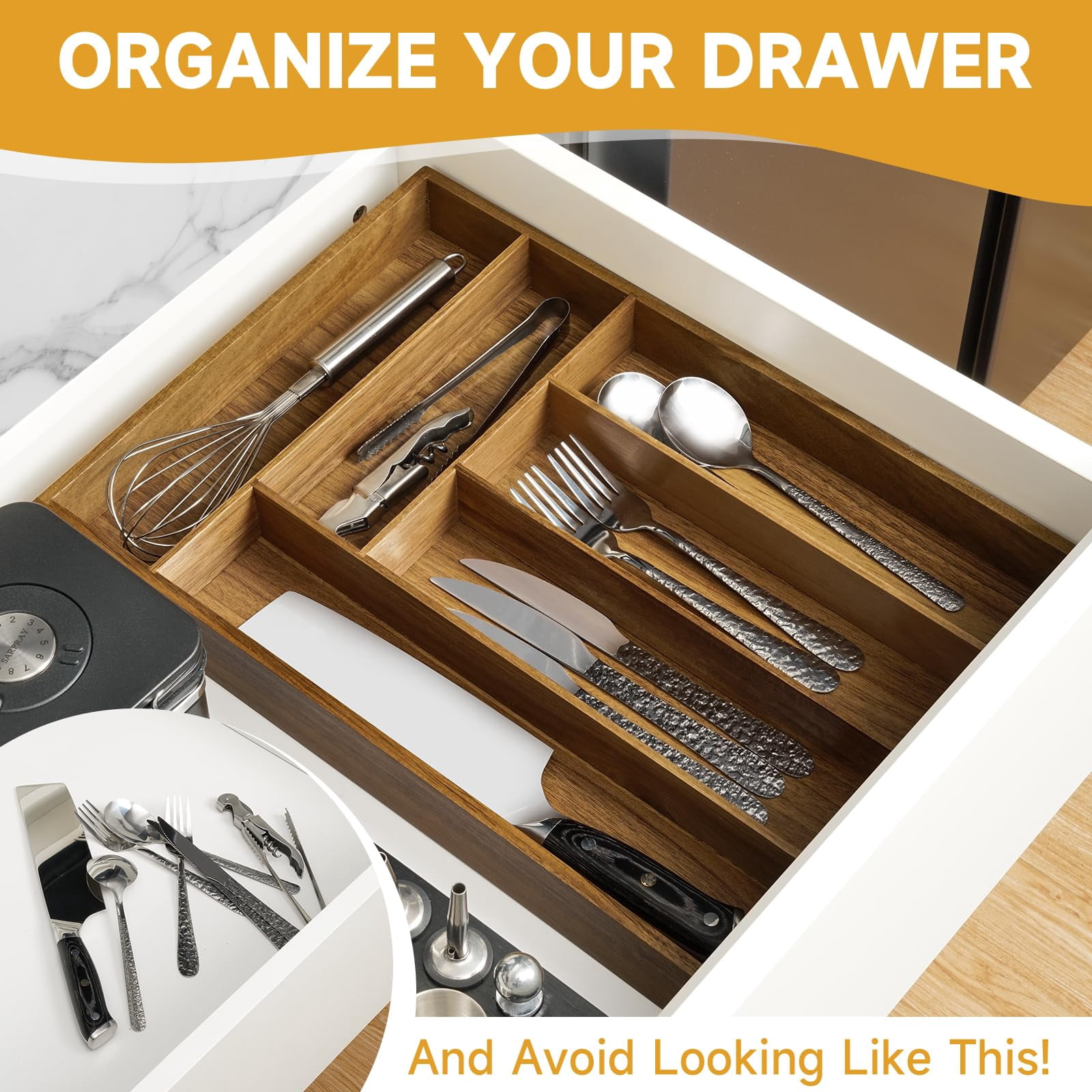 Acacia Wood Silverware Organizer, Kitchen Drawer Organizer for Flatware, Wooden Utensil Holder and Cutlery Tray with Grooved Drawer Dividers, 6 Compartment Utensil Tray for Forks, Spoon, Knives