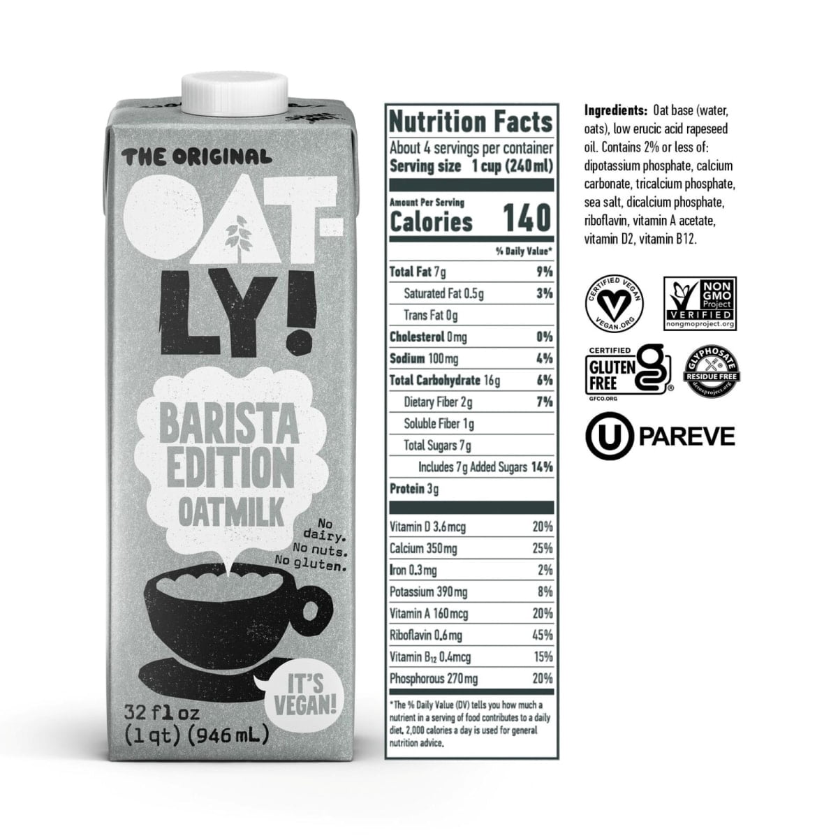 Oatly Barista Edition Oatmilk, Dairy-Free Milk, 32 fl oz Refrigerated Carton