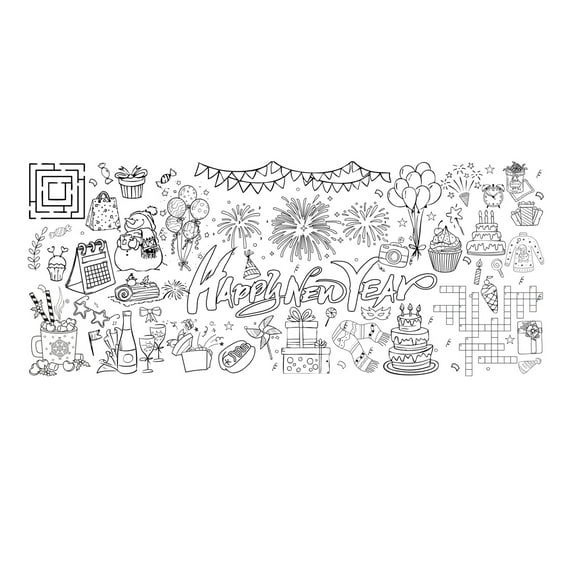 Large Coloring Poster For Kids, Happy New Year & Birthday Theme Coloring Tablecloth, 30 X 72 Inches (76 X 183 Cm) Non-Pen Included, Home Party Art Activity Decoration, Black &
