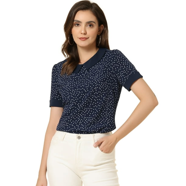 Blusa Camisa Camiseta de lunares de manga corta con cuello Peter Pan de verano para mujer Azul Marino S