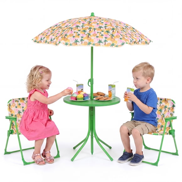 Gymax Kids Picnic Table Outdoor Table&Chair Set 2 Folding Chairs&Adjustable Umbrella Beige & Green