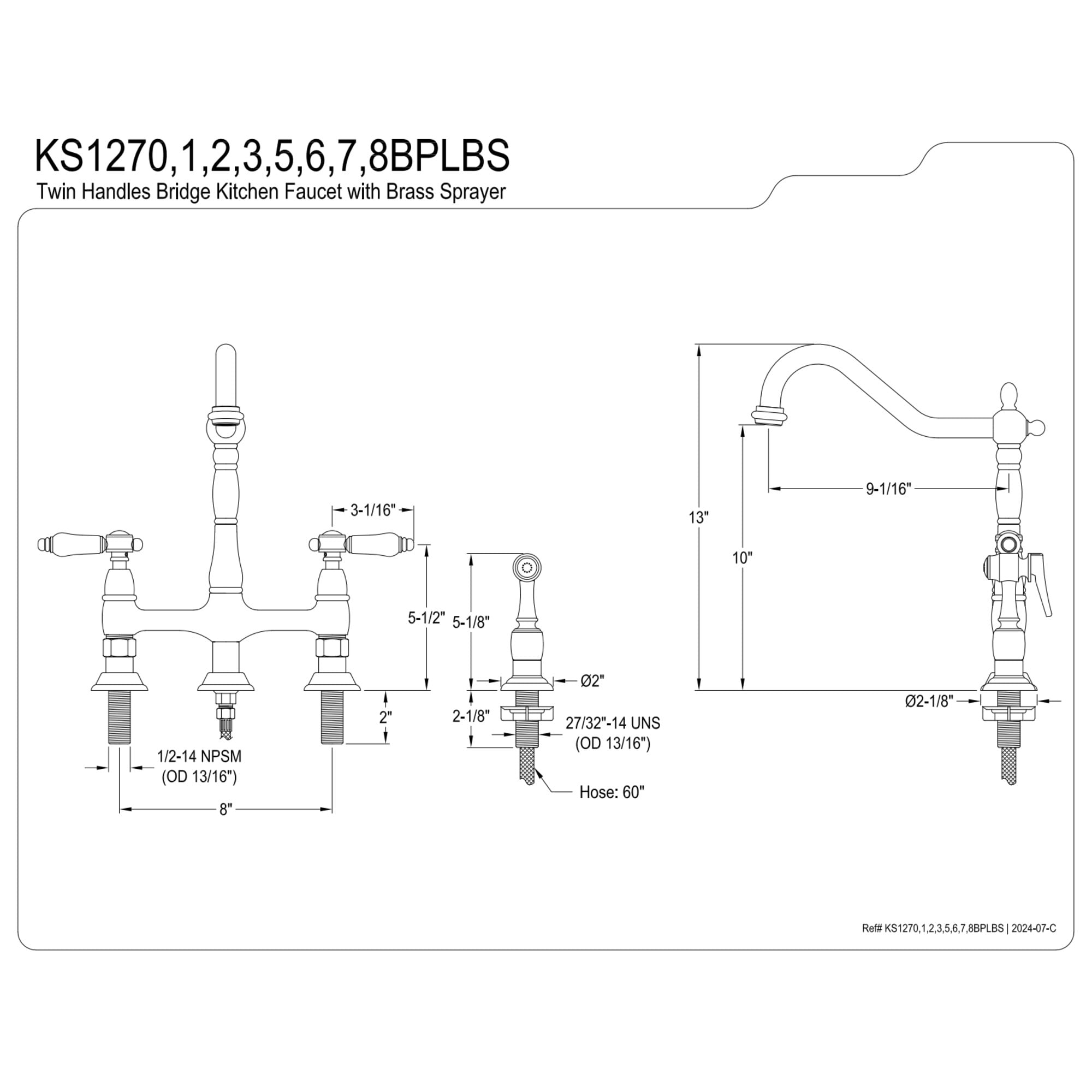 Kingston Brass KS1276BPLBS Bel-Air Bridge Kitchen Faucet with Brass Side Sprayer, Polished Nickel