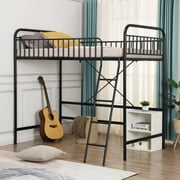 Twin Size Loft Bed with Flat Ladder, Metal Loft Bed Frame for Kids, Full Length Guardrail, for Teens Adults, Space-Saving, No Box Spring Needed, Noise Free, Easy to Assemble, Twin/Black