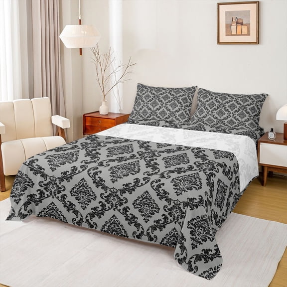 jejeloiu Bold Damask Queen Sheets,Retro Print Queen Sheet Sets For Adults,Black Gray,4-Piece,1 Flat Sheet, 1 Fitted Sheet and 2 Pillowcases