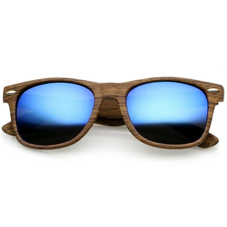 Classic Wood Printed Colored Mirror Square Lens Horn Rimmed Sunglasses 54mm (Natural Wood / Blue Mirror)