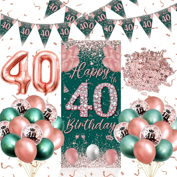 YANSION Women 40th Birthday Decorations, Happy 40th Birthday Backdrop Banner Pennant Banner Green Rose Gold Balloons, Lady 40 Years Old Party Supplies, Green Rose Gold 40 Birthday Decor 40th Bday