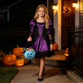 thumbnail image 2 of CUZIBR Girls Witch Halloween Costume Dress Puff Long Lace Sleeve Gothic Lace Up Swing Dress Kids Halloween Party Cosplay Outfits,Blue,One Size, 2 of 6