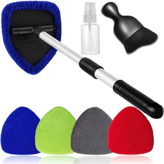 MEC 7pcs Windshield Cleaner Tool Car Window Cleaning Wash Kit with 4 Reusable Microfiber Pads 1 Spray Bottle and Extendable Handle Auto Glass Wiper Kit, Multicolor