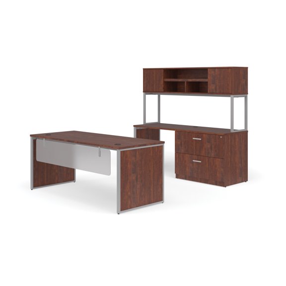 OFM Fulcrum Series Office Furniture Set, 72" Table Desk, 72" Credenza, Lateral Filing Cabinet, Hutch, Modesty Panel, Leg Panels, in Cherry