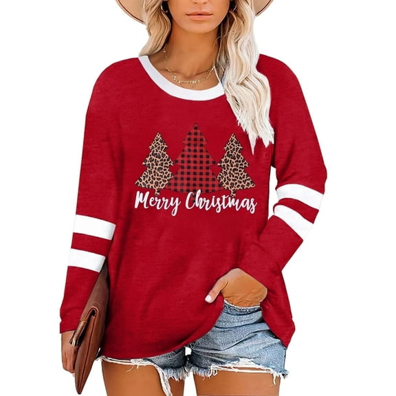 DEXIO Women Plus Size Merry Christmas Shirt Plaid Leopard Tree Shirt Oversized Xmas Casual Holiday Long Sleeve Tee Top, Red,5X