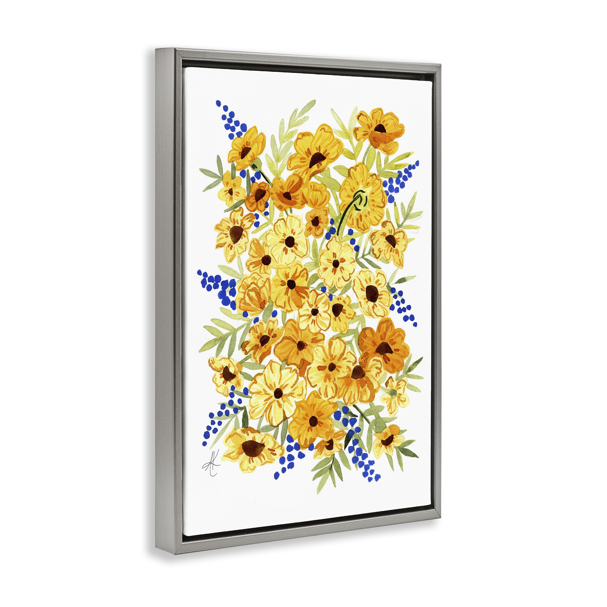 Stupell Industries Golden Cosmos Flowers Botanical & Floral Painting Gray Floater Framed Art Print Wall Art, 17 x 25