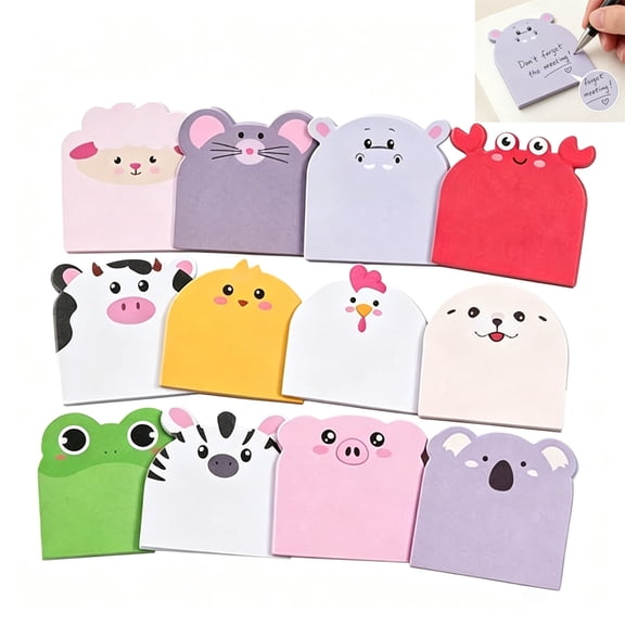 Nealison 12Pcs adorable animal-shaped sticky notes in various cute patterns. These self-adhesive memo pads are ideal for daily notes, reminders, and messages—great for home, office.