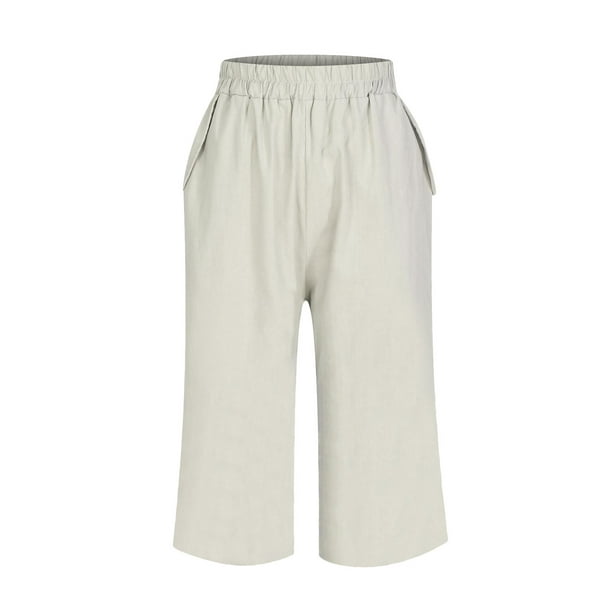 Womens Linen Capri Pants High Waisted Wide Leg Elastic Knee Length Pants  Casual Loose Comfy Lounge Capris with Pockets 