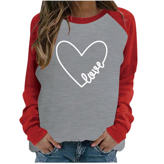 Qertyioot T-Shirt Graphique pour Femmes de la Saint-Valentin à Manches Longues, Imprimé pour la Mode Décontractée, Chandail à Col Rond, Hauts, Blouse