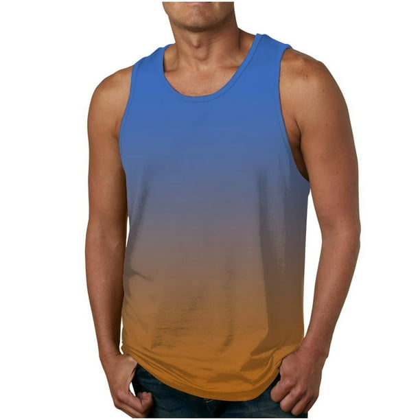 Mens Camisetas Algodón Gradiente Color Impreso sin Mangas Cuello Redondo Tanque, Chaleco Casual para Al Aire Libre Y Verano