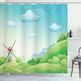 thumbnail image 1 of Cloud Shower Curtain, Cartoon Style Country Illustration with a Mill and Grassy Hills Summer Season Nature, Fabric Bathroom Set with Hooks, 69W X 70L Inches, Multicolor, by Ambesonne, 1 of 3